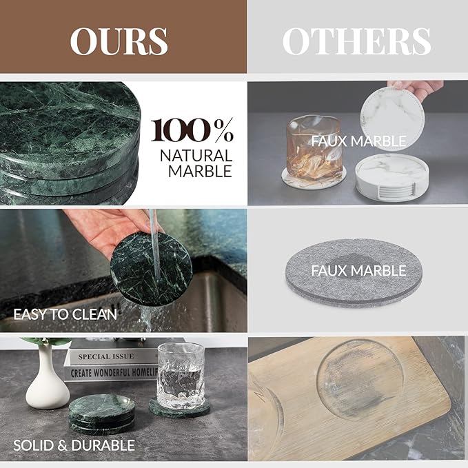 Koville Marble Coaster Set of 4, Round Coasters, 4" Stone Coaster for Drinks Coffee, White Marble Coasters for Coffee Table Home Bar Decor, Heat Resistant, Gift Choice(Green)