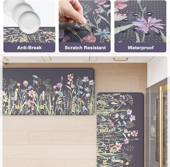 KIMODE Anti Fatigue Kitchen Mat for Floor, 17.3"x29" Farmhouse Kitchen Rug Non Skid, Cushioned Padded Kitchen Floor Mat, Comfort Standing Mat for Laundry, Office, Sink, Desk Dark Grey/Purple