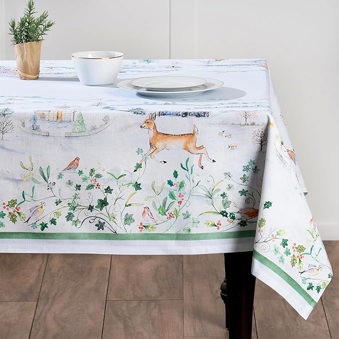 Maison d' Hermine Table Cloth Rectangle Table 100% Cotton 70 x 108 Inches Fall Tablecloth Reusable Everyday Use for Thanksgiving Christmas Decorations Dining Farmhouse Party (Snowy World)