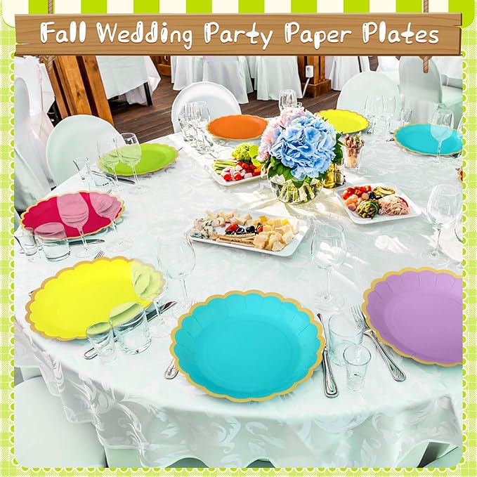 96 Pcs Neon Colorful Paper Plates 9 Inch Gradient Scalloped Paper Plates Disposable Dinner Dessert for Birthday Wedding Bridal Party Supplies, 6 Colors