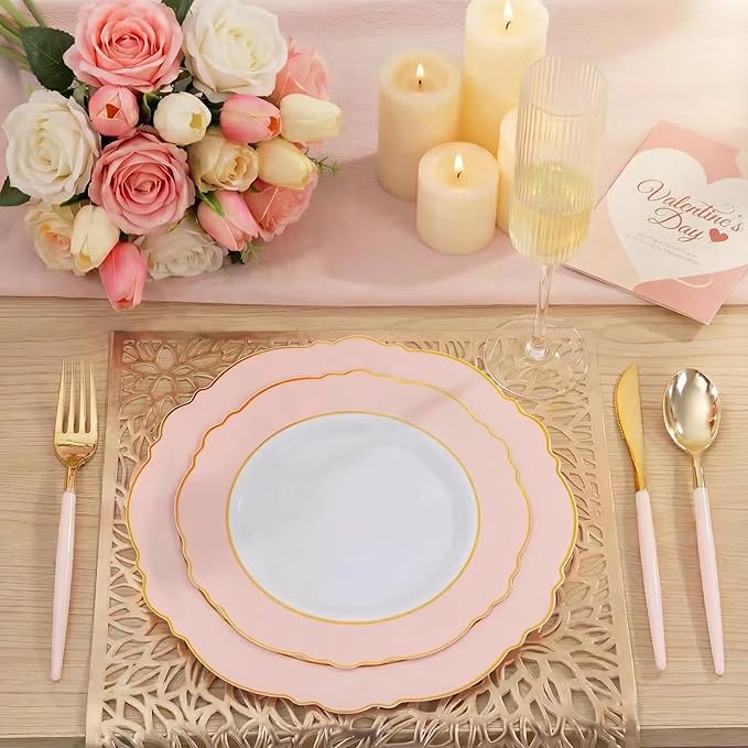 WDF 30Guest Pink Plates Disposable - Hign-end Baroque Design - Gold Plastic Silverware with Handle-Baroque Pink &Gold Plastic Dinnerware for Valentine's Day/Wedding