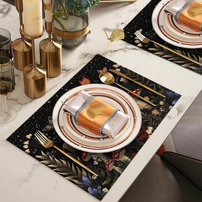 Mushroom Botanical Placemats Set of 6, Mushroom Plants Leaves Butterfly Place Mats, Moon Waterproof Washable Table Mats for Home Party Indoor Kitchen Dining Table Decoration 12x18 Inch