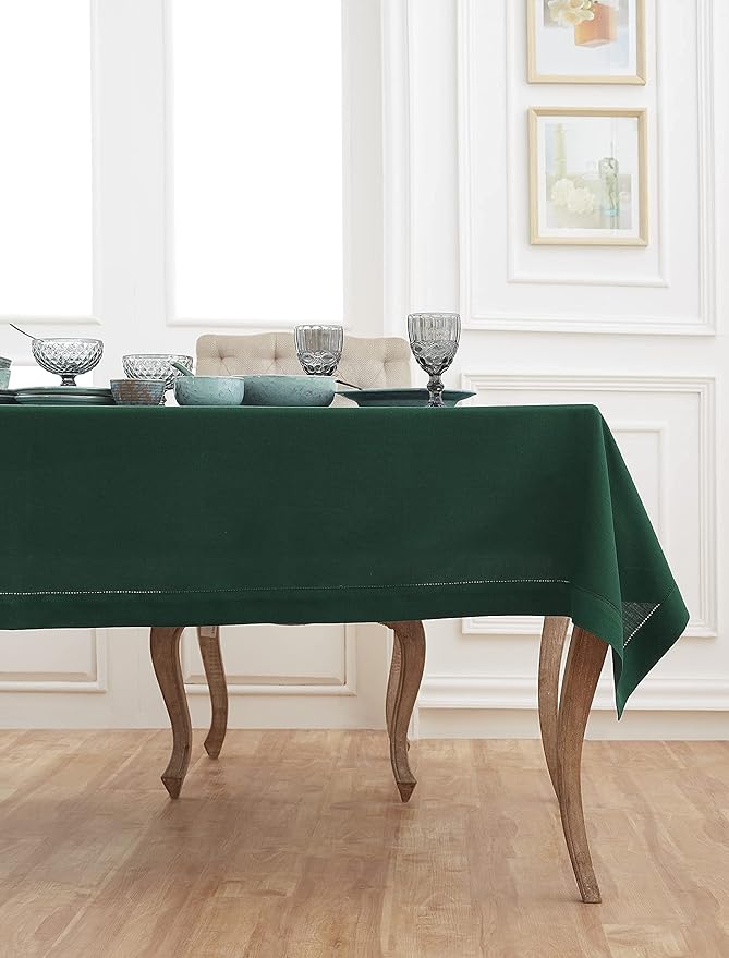 Solino Home Linen Tablecloth 60 x 120 Inch - Classic Hemstitch 100% Pure Linen Rainforest Green Table Cloth for Rectangle Tables - Machine Washable Tablecloth for St Patricks Day