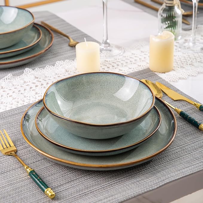 AmorArc Ceramic Dinnerware Sets,Handmade Reactive Glaze Stoneware Plates and Bowls Sets with Mugs,Highly Scratch Resistant | Dishwasher & Microwave Safe Dishes Set,Service for 4(16 Pcs)