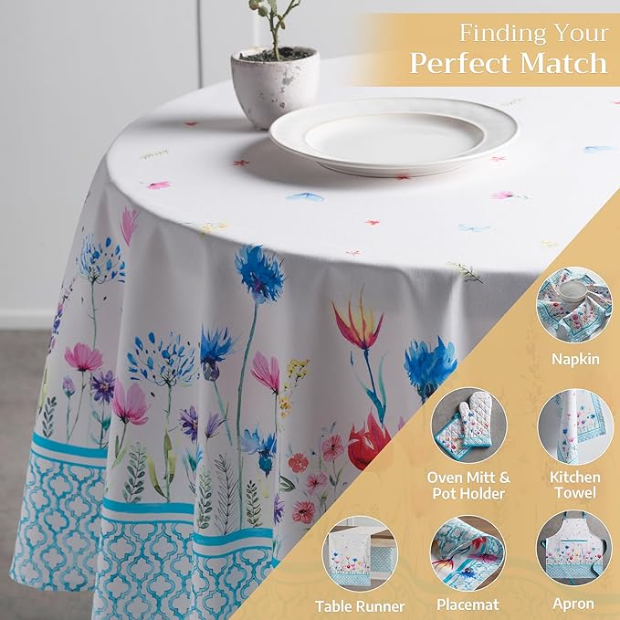 Maison d' Hermine Table Cloth Round Table 100% Cotton 63 Round Inches Tablecloth Reusable Decorative for Dining Room Farmhouse Home Valentines Day Decorations Spring Summer - Flower in The Field