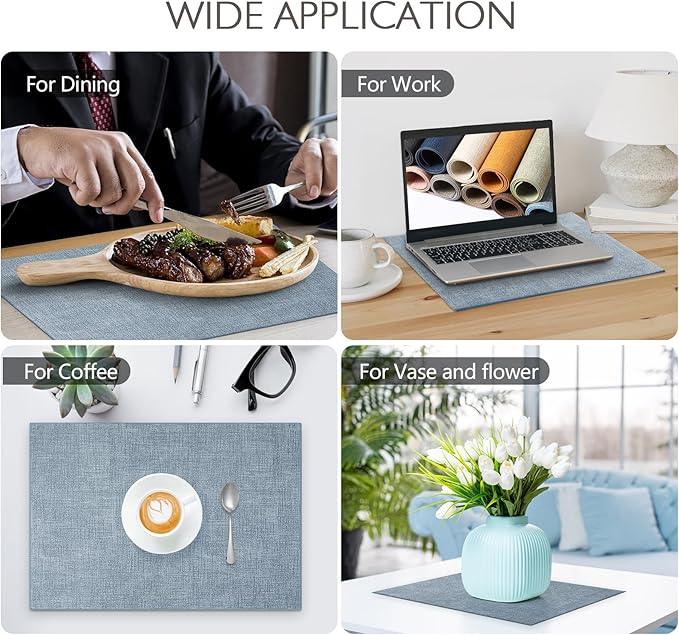 Faux Leather Placemats Set of 4 Washable PU Table mats for Kitchen Table - Heat Resistant, Waterproof, Easy Clean, Anti Slip 11.8" x 17" (Light Blue-4 Pack)