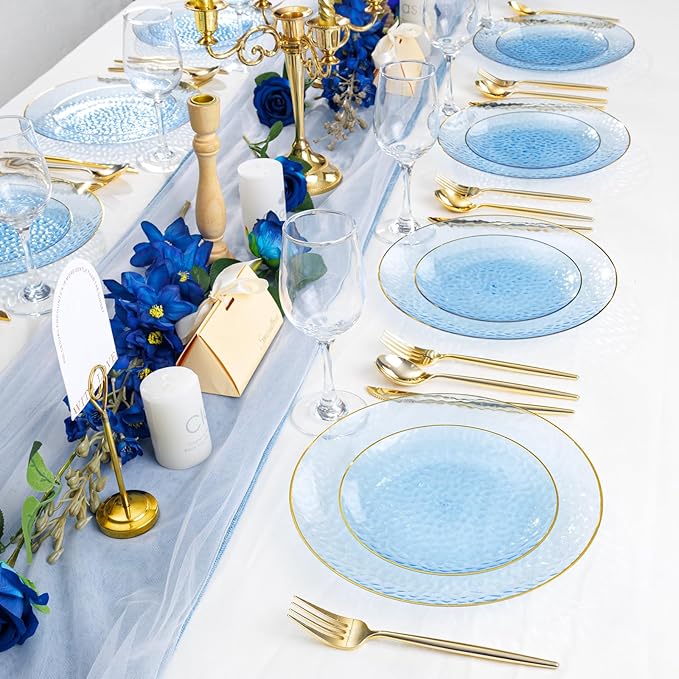 Rubtlamp 60 Pcs Blue Gold Plastic Plates, Hammered Plastic Dessert/Salad Plates, 7-Inch Blue Dessert Platos,Appetizer Platos Disposable Perfect For Wedding