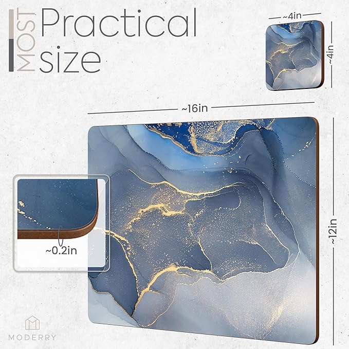 Set of 4 Heat Resistant Cork Placemats for Dining Table with Free Set of 4 Matching Drink Coasters Marble Design 16 x 12 Inches Cork Backed Hard Placemats (Blue & Gold)