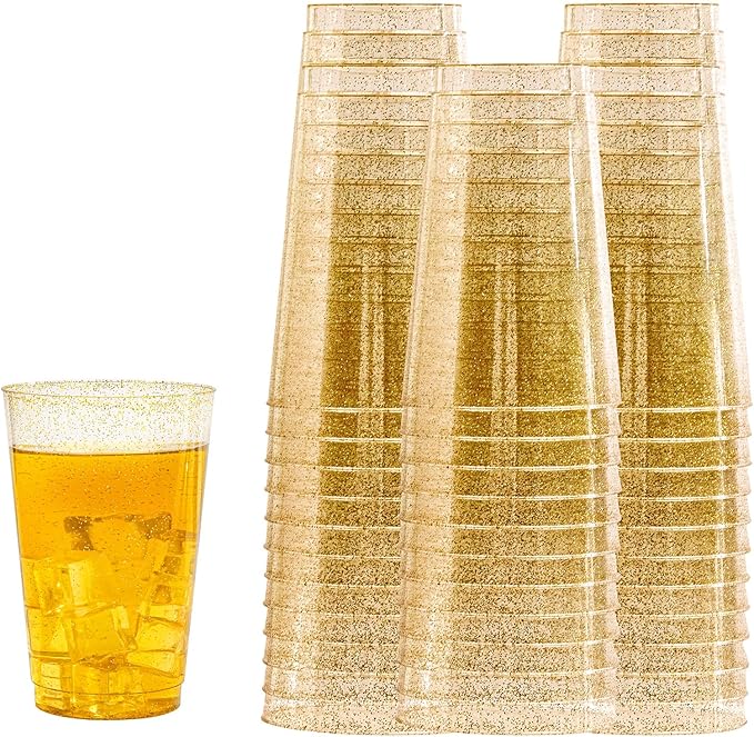 I00000 50 Pack 18 oz Gold Plastic Cups, Gold Glitter Cups Disposable Plastic Wine Glasses Cocktail Glasses Premium Cup, 18 Ounce Glitter Disposable Tumblers for Party & Wedding