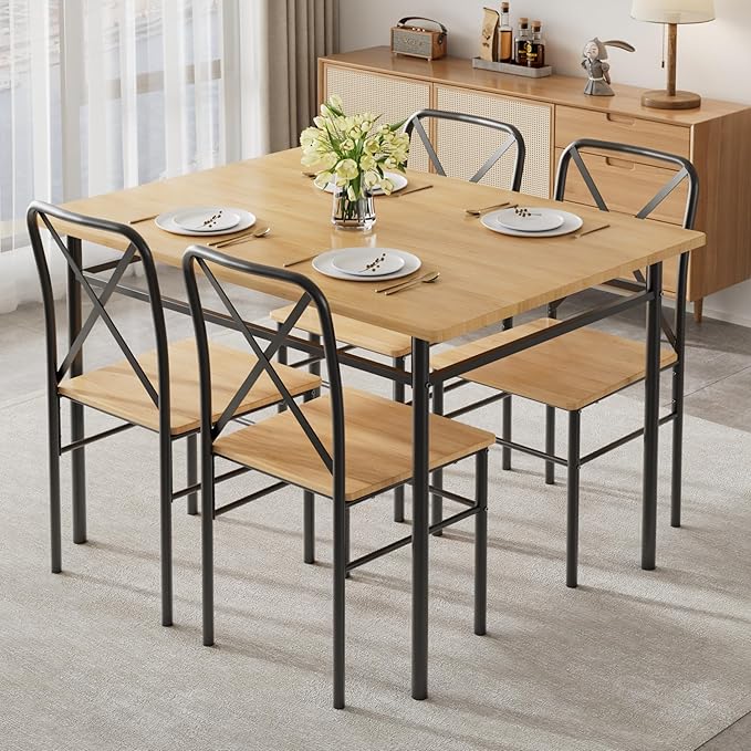 VECELO 5-Piece Kitchen Dining Table Set, Wood Tabletop & Heavy-Duty Metel Frame, Rectangle Dinette with 4 Chairs for Small Space, Breakfast Nook, Natural Black
