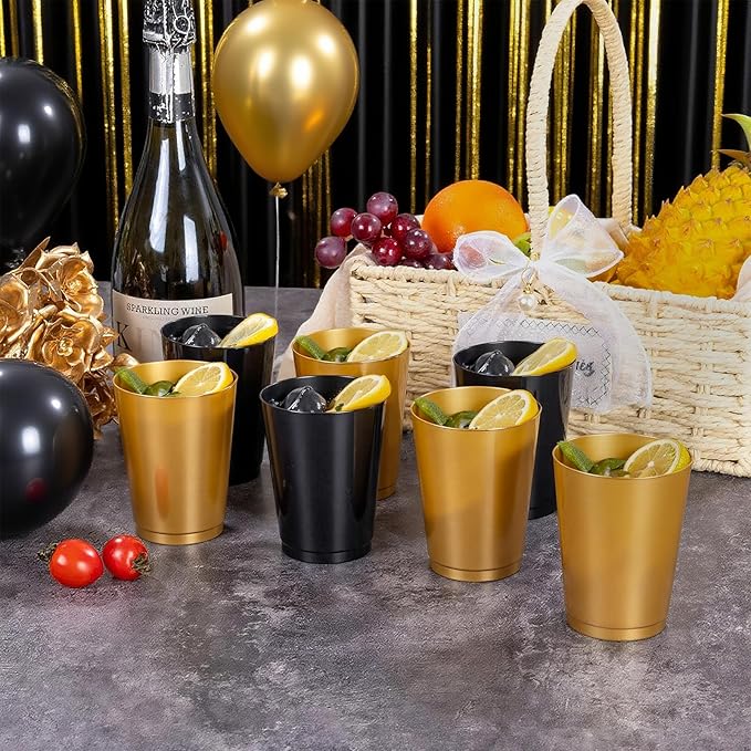 DaYammi 100 Pack Plastic Cups for Party- Disposable Gold Cups and Black Cup Include: 50 Black Plastic Cup, Gold Disposable cup for Party Supplies Festive Celebrations Wine Beer Beverage