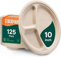100% Compostable, 3 Compartment, Disposable Paper Plates [125-Pack] - {PFAS Free} - {BPA Certified} - [10 Inch] Heavy Duty Biodegradable Bagasse Sectional Lunch Trays + Dividers - Divided Platte Tray