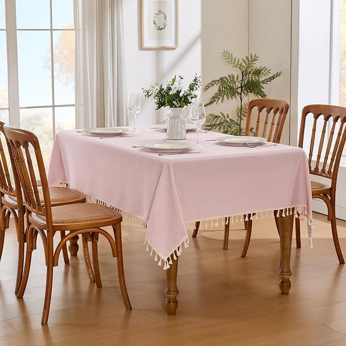 JIALE Valentines Textured Tablecloth, Heavy Duty Linen Style Farmhouse Table Cloth Rectangle Table, Wrinkle-Free Washable Waterproof Table Cover for Kitchen, Dining, Parties, 55"x106", Pink