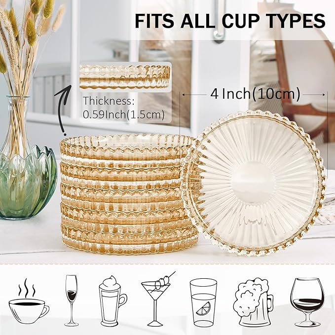 Vintage Glass Coasters, GOH DODD Set of 6 Crystal Coasters Tabletop Protection for Drinks, Home Decor, Kitchen, Living Room, Patio, Wedding, Party, Housewarming Gifts, Amber