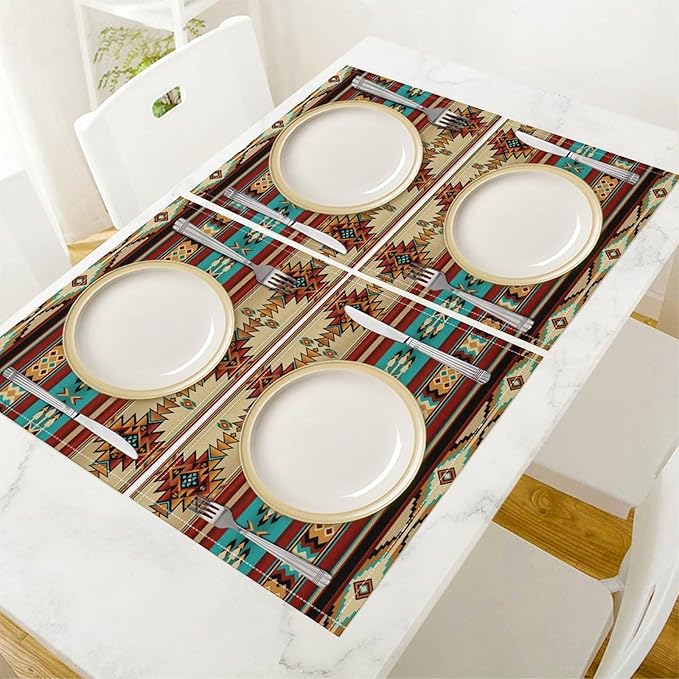Southwestern Native Aztec Placemats Rustic Tribal Geometric Decorative Table Mat Antique Native Heat Resistant Place Mats for Dining Kitchen Party Holiday Decor 12x18Inch Set of 6
