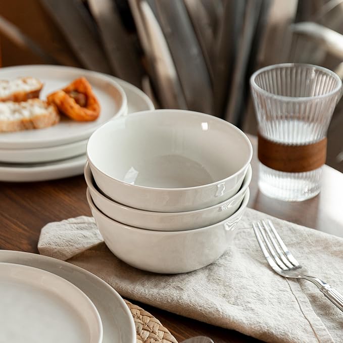 Ceramic Water Ripple Tableware Sets for 4, 12 Pieces Stoneware Plates and Bowls Sets, Reactive Glaze Dishes -Scratch Resistant, Dishwasher&Microwave Safe (Milky White)