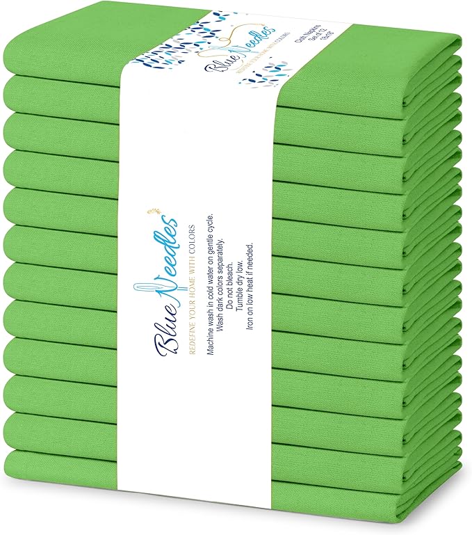Blue Needles Solid Cloth Napkins Set of 12 Apple Green 100% Cotton Dinner Napkins 18x18 inches, Soft, Reusable, Absorbent, Washable Linen, Ideal for Wedding Events, Parties & Everyday Use