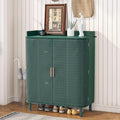 ORRD Shoe Cabinet, 5 Tier Boho Wooden Shoe Storage Organizer Cabinet with Adjustable Shelves, Shoes Rack with Iron Rattan Curved Doors Accent Cabinet for Entryway Hallway Living Room, Green