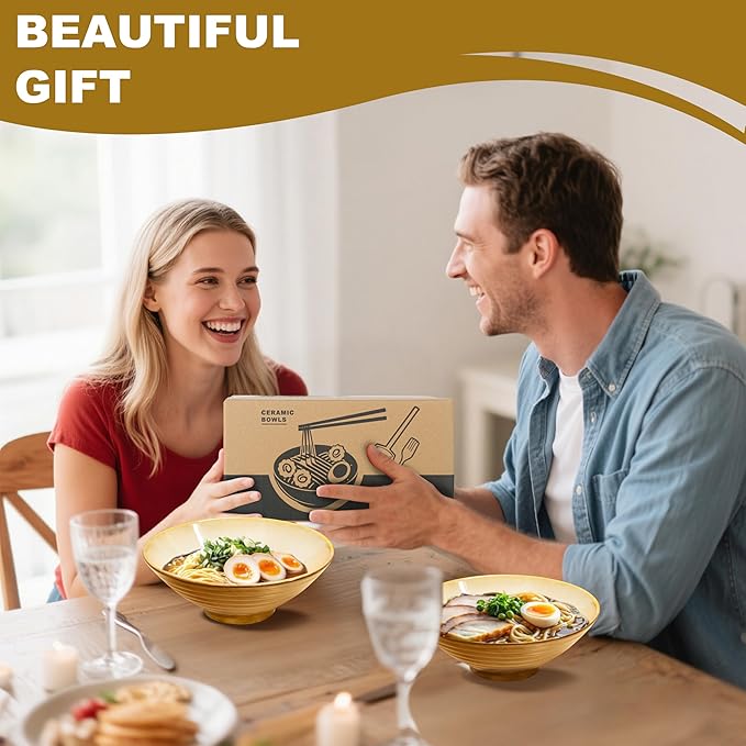 8-Inch 4 Sets Ceramic Ramen Bowl (16 Piece) - Japanese Porcelain Dishwasher Microwave Safe Salad Noodles Cereal Pasta Soup Large Bowls with Chopsticks Forks Spoons for Men Women Housewarming Gift