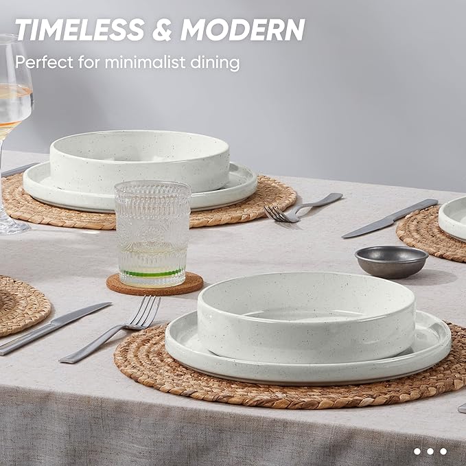 E-far Dinnerware Sets with Pasta Bowls, 24-Piece Stoneware Plates and Bowls Sets for 6 | Microwave & Dishwasher Safe Kitchen Modern Dish Set, Speckled White