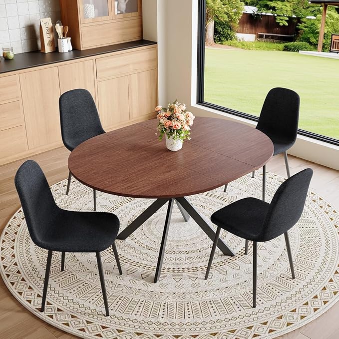 Round Dining Table Set for 4｜42"-54" Extendable Dining Room Table Set｜Wooden Kitchen Table with 4 Chairs｜Mid Century Modern Dinner Table Set with Cross Legs｜Easy Assembly｜Space Saving