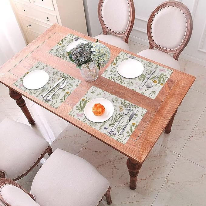 Placemats Set of 4 Vintage Wildflower Herbs Floral Rustic Butterfly Place Mats Floral Woven Table Mats Washable PVC Placemat for Dining Kitchen Decor Indoor Outdoor, 12 x 18 Inch