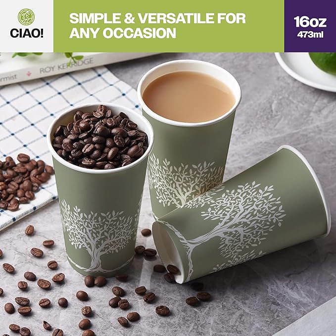 CIAO! 16oz Paper Hot Cup, Rooted Olive Print, (Case of 1,000)