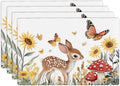 Cute Deer Placemats Set of 4, Sunflower Butterfly Place Mats, Sika Deer Waterproof Washable Table Mats for Home Party Indoor Kitchen Dining Table Decoration 12x18 Inch