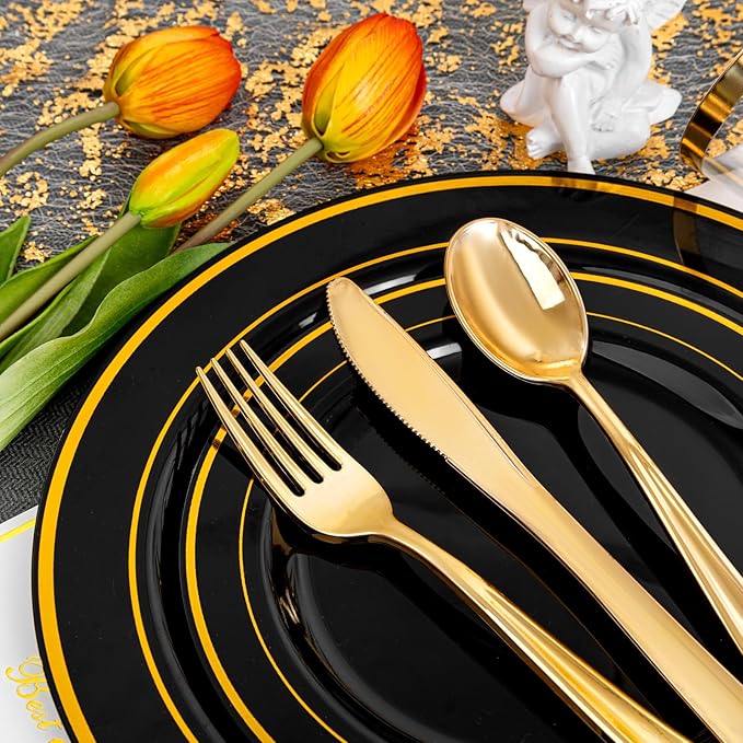 bUCLA 150 Pieces Black and Gold Disposable Dinnerware Set - 25 Guests Black Gold Plastic Plates Include 25 Dinner & 25 Dessert Plates, 25 Spoons, 25 Forks, 25 Knives, 25 Cups for Party & New Year