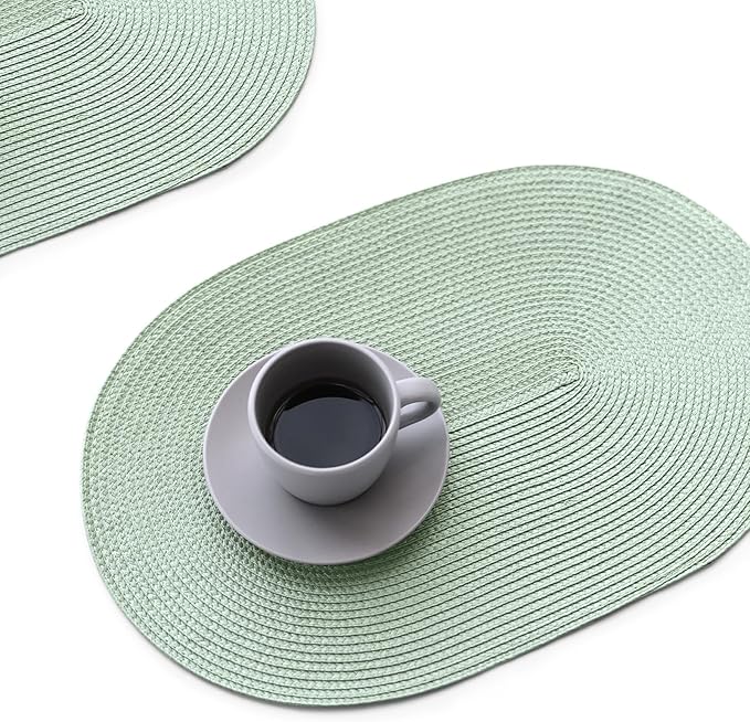 FunWheat Oval Braided Placemats Set of 8 Table Mats for Dining Tables Washable Heat Resistant Place Mats for Indoor Outdoor Use 12 x18 Inch(Oval Fog Green, 8pcs)