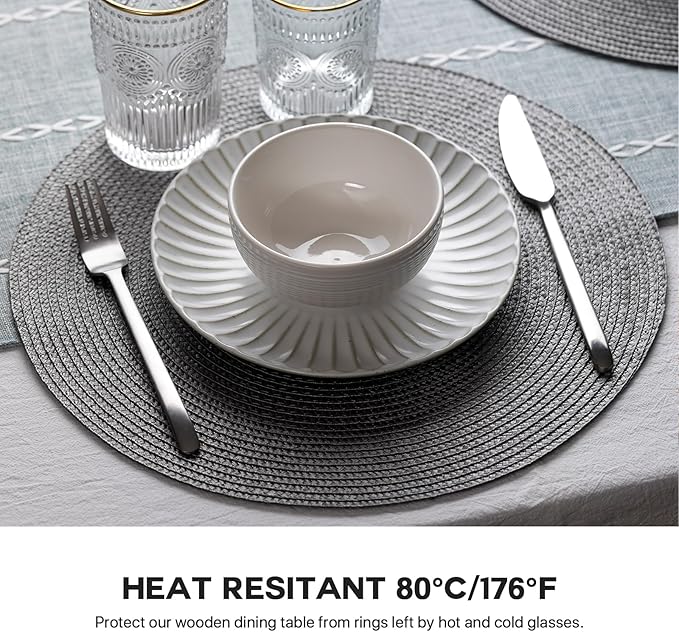 Round Placemats Set of 8 Plastic Woven Placemats Washable Wipeable Table Mats for Dining Table Heat Resistant Non-Slip Circle Place Mats (Gray)