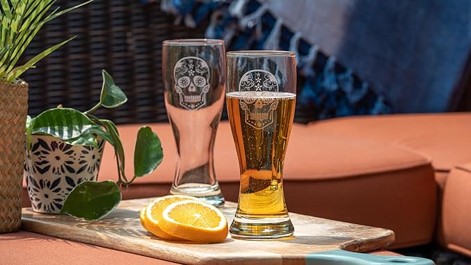 Rolf Glass Sugar Skull 20oz Beer Pilsner | Set of 4 | Large Craft Beer Glasses | Designed and engraved in the USA