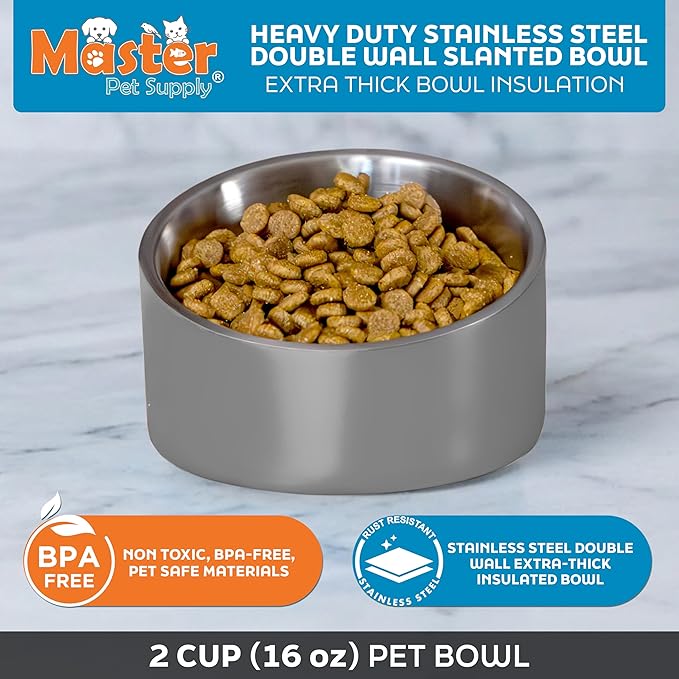 Master Pet Supply Stainless Steel Slanted Dog Cat Food Bowl - 16 oz Heavy Duty - Graphite, Double Wall Insulated, Non-Slip Elevated Bowl for French Bulldogs Pugs Cats, Anti Rust Dishwasher Safe
