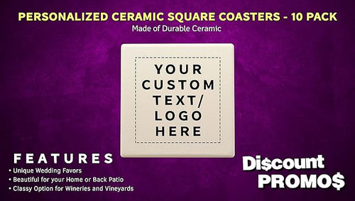 10 4" Square Ceramic Coasters Set - Customizable Text, Logo - Cork Bottom, Serve Ware - Natural