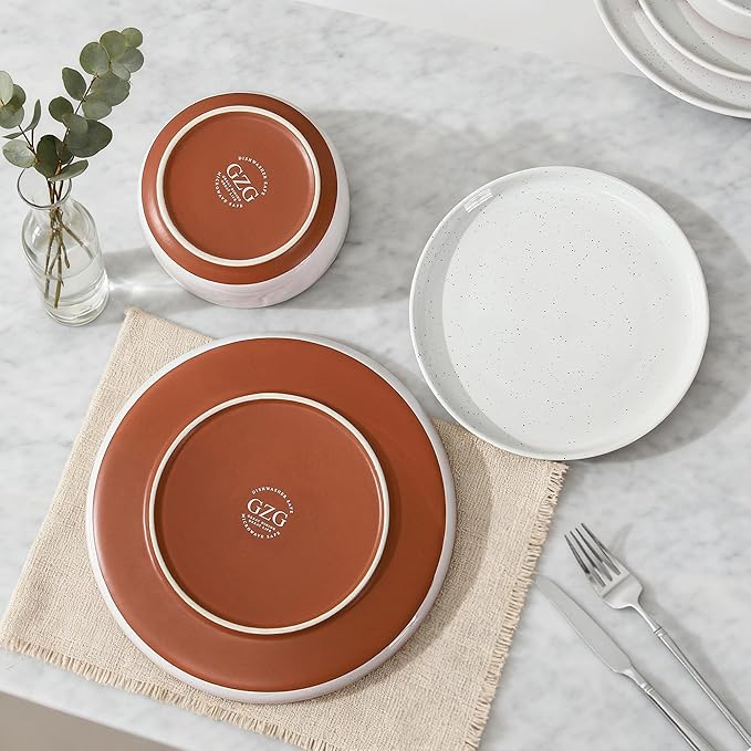 GZG Modern Art Series - 24 Pcs Speckled Stoneware Plates and Bowls Sets, Ceramic Dinnerware Set with Rustic Terracotta Underside, Microwave and Dishwasher Safe Handcrafted Dishes Set - Porcelain White