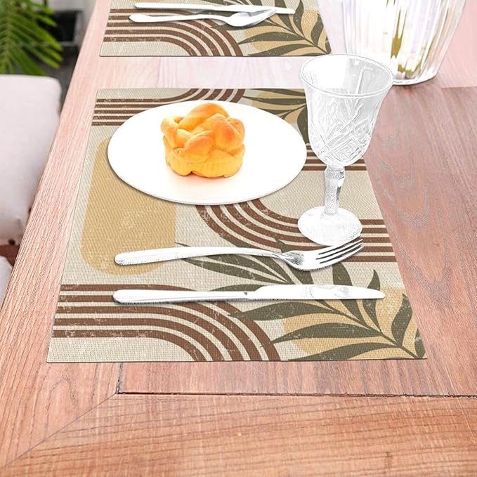 Mid Century Boho Arch Placemats Abstract Geometric Modern Aesthetic Rainbow Leaves Sun Washable Place Mats 12x18Inch for Dining Kitchen Farmhouse Decor 4 PCS