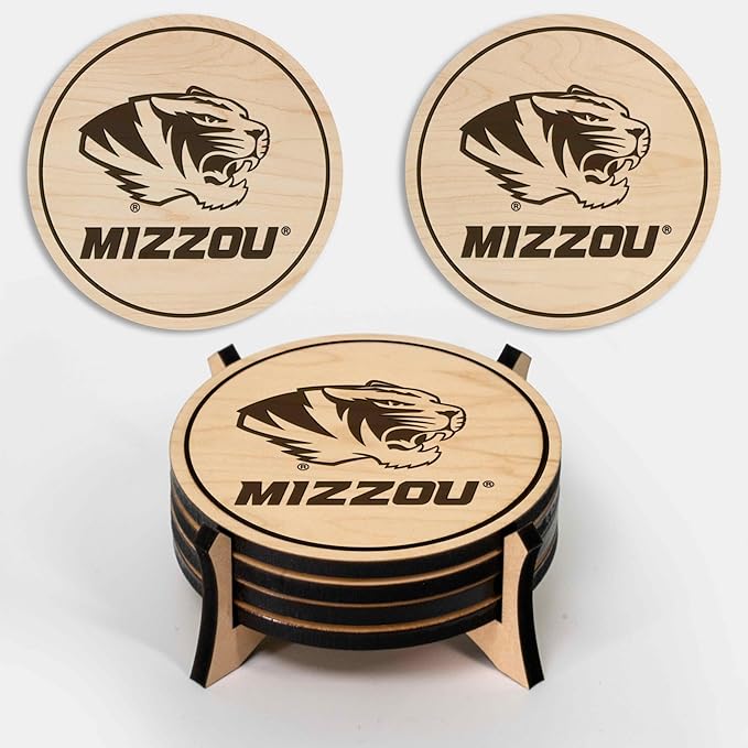 LazerEdge Missouri Tigers Wooden Coaster Set - Maple Wood - Officially Licensed Product - 4-Pack
