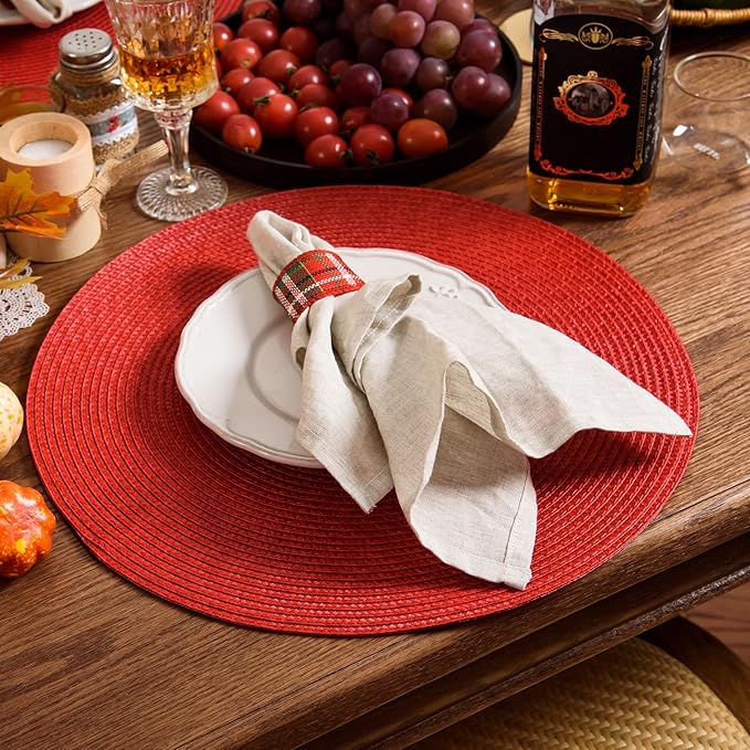 AHHFSMEI Round Braided Placemats 15 Inch Round Table Mats for Dining Tables Natural Woven Heat Resistant Place mats Set of 8 (red,8)