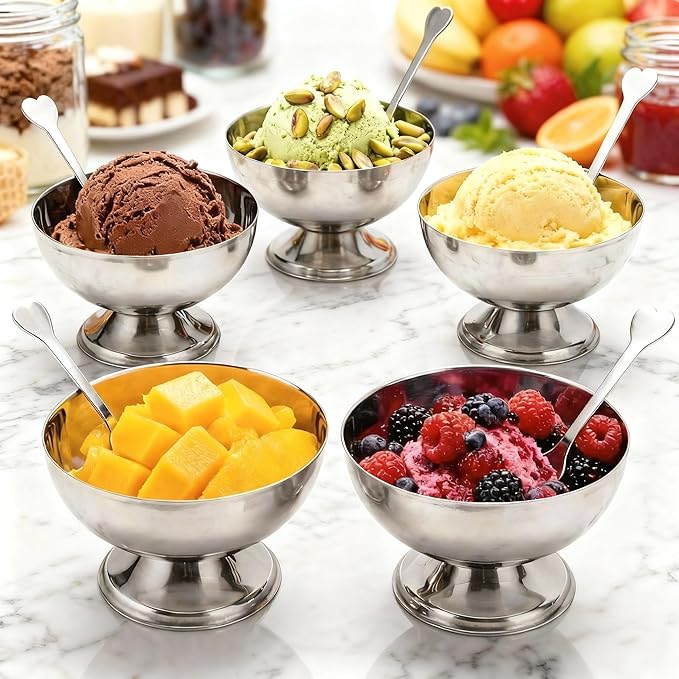 4 Pack Stainless Steel Dessert Bowls, Dessert Cups Ice Cream Cups with Footed Base, Serving Dessert Bowl for Fruit Salad, Pudding, Yogurt (silver)