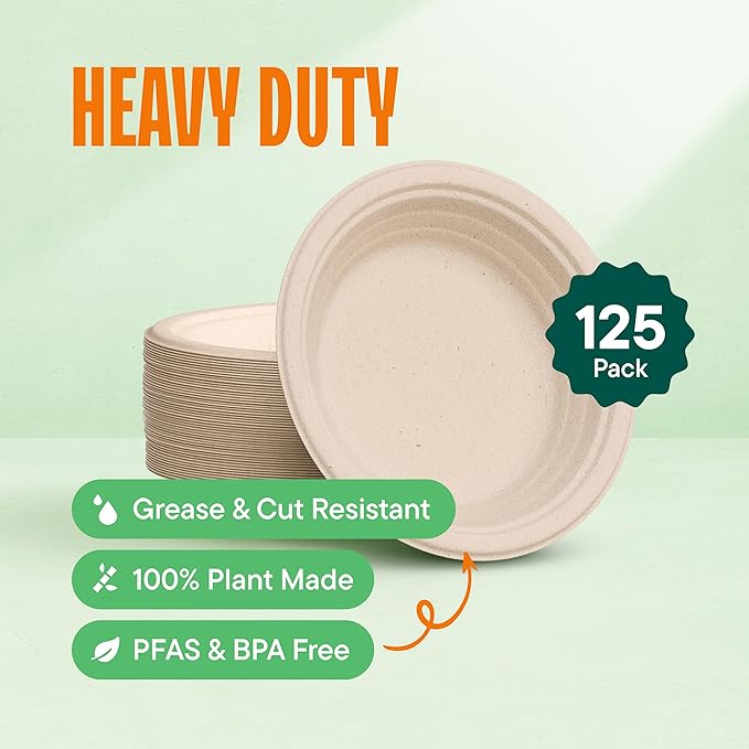 Deep Dish Paper Plates, Heavy Duty Disposable Dinner Plates [125-Pack] 9 Inch Plates - 100% Compostable Eco-Friendly, Biodegradable Sugarcane Bagasse, Natural Brown 9" Paper Plate Disposable