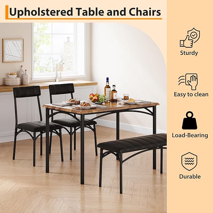 Dining Table Set for 4, Rectangular Kitchen Table and Chairs Set of 4 for Small Spaces, Modern Dining Room Table Set with Upholstered Bench and 2 Chairs, Space Saving Dining Furniture for Apartments