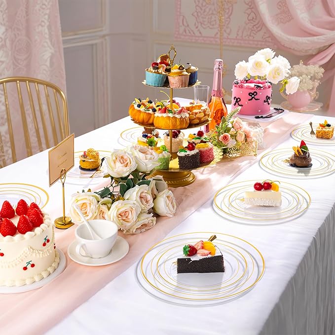 DaYammi 240Pcs Dessert Plates Include 120Pcs Gold Cake Plates 6.3inch with 120Pcs Gold Plastic Forks 5.7inch,Clear gold plates Disposable Salad Plate for Party Appetizer Plate for Wedding Birthday