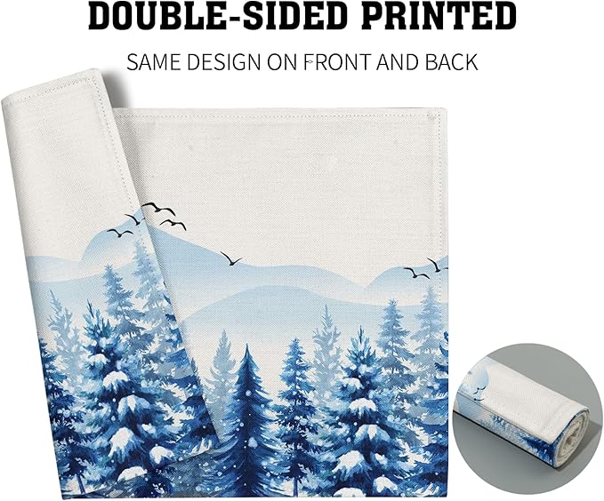 Winter Placemats Set of 4 - Blue Watercolor Xmas Tree Place Mats 12x18 Table Mats White Snow Forest Kitchen Mats for Party Dining Table