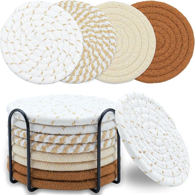 8 Pcs Drink Coasters with Holder, Minimalist Cotton Woven Coaster Set, 4 Colors Absorbent Coaster Protection Protection for Various Cups, Ideal for Coffee Tables and Home Decor Tabletop, 4.3 Inches