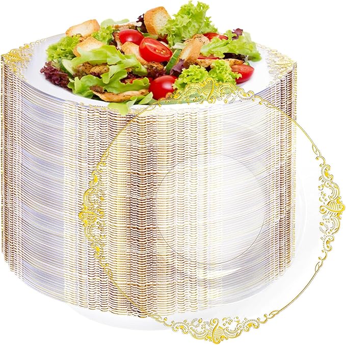 100PCS Clear Gold Plastic Bowls - 12 oz Clear Disposable Salad Bowls - Heavy Duty Disposable Soup Bowl - Fancy Plastic Ice Cream Bowl for Weddings, Parties, Dinners, Picnics,