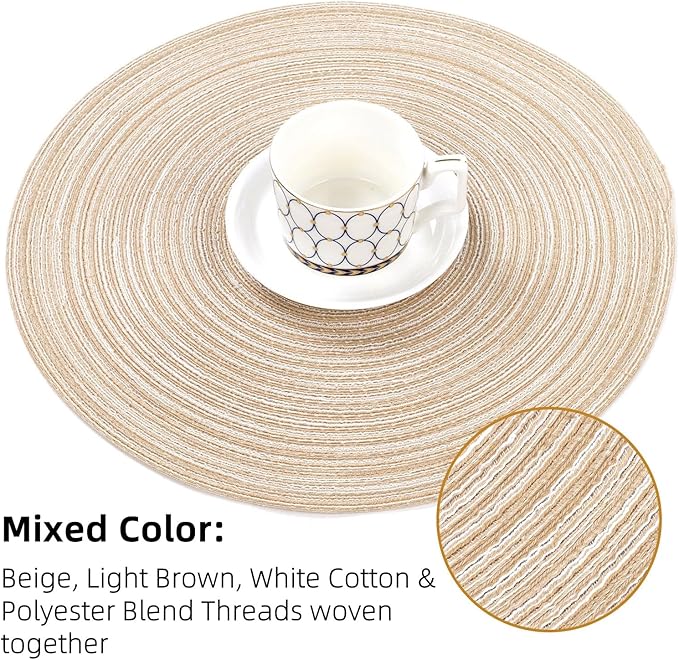SHACOS Round Braided Placemats Set of 8 Cotton Fabric Round Table Mats Non Slip Washable 15 inch Round Place Mats (Beige, 8)