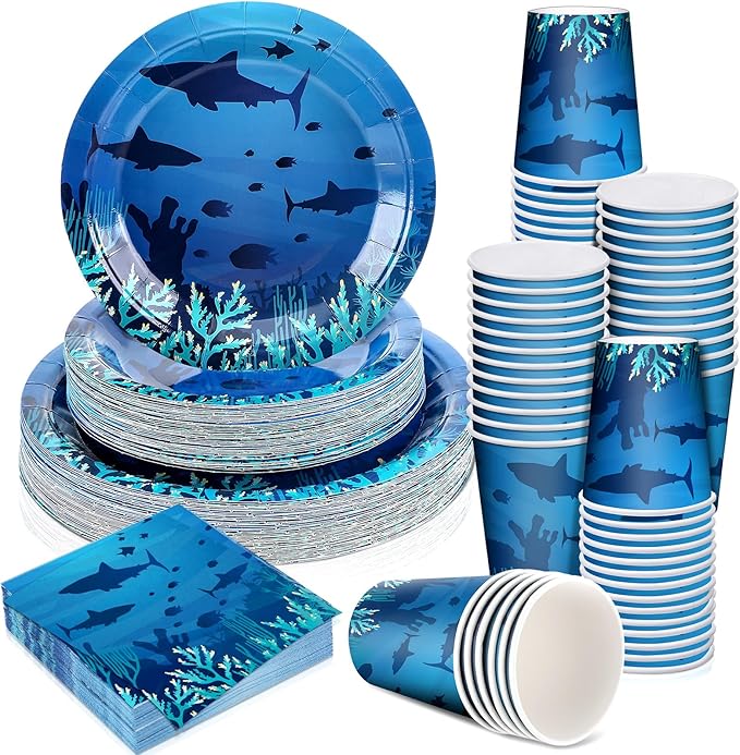 200 Pieces Party Supplies Tableware Set Patterns Printed Plates Napkins Cups Table Decorations for Baby Shower Birthday Party (Sea Style)