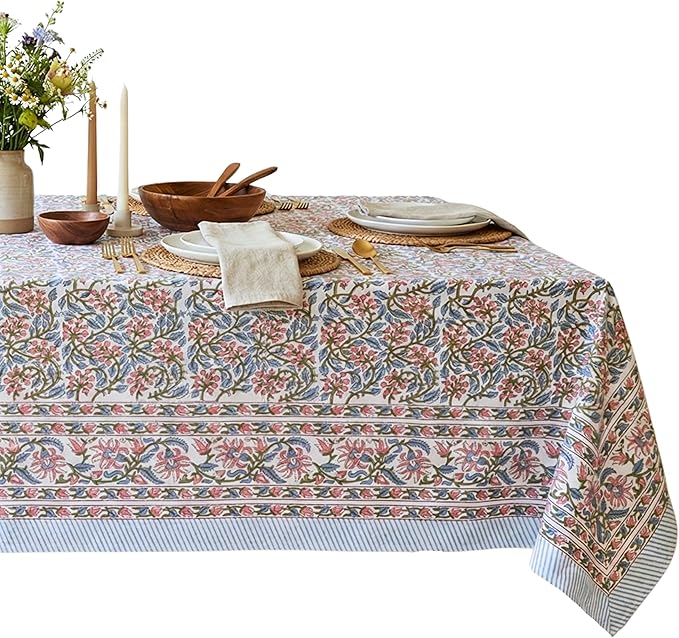 ATOSII Kalina 100% Cotton Square Tablecloth, Handblock Floral Print Linen Table Cloth for Kitchen I Dining Table I Tabletop I Parties I Wedding I Spring/Summer (60 X 60 Inches)