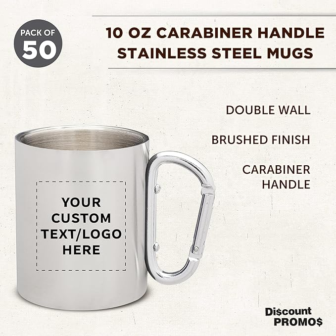 Custom Stainless Steel Mugs with Carabiner Handle 10 oz. Set of 50, Personalized Bulk Pack - Perfect for Coffee, Soda, Other Hot & Cold Beverages - Silver