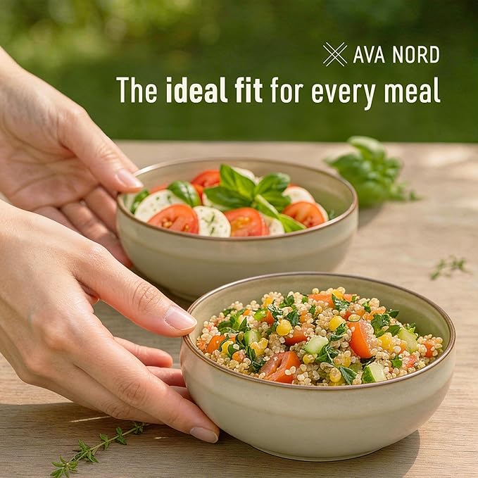 Stoneware Ceramic Cereal Bowls Set of 4, 21 oz | Lead-Free, Cadmium-Free | Microwave and Dishwasher Safe | For Soup, Salad, Rice, Dessert, Ice Cream | Nordic Design | Terracotta/Sage Ash